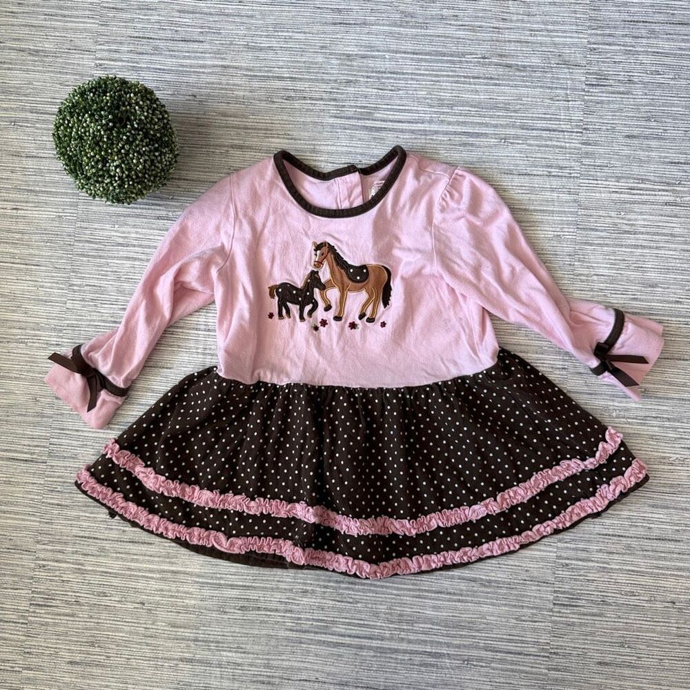 Vintage Toffee Apple Toddler Girls Pink Brown Horse Ruffle Dress Size 4